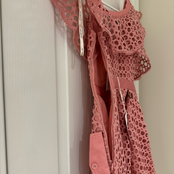 Self-Portrait | Lace Frill Asymmetric Cold-Shoulder Fit & Flare Pink Mini Dress - Picture 9 of 16